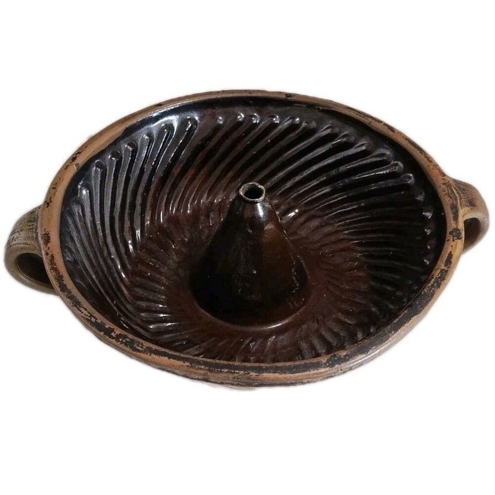 Primitive Pottery Glazed Bundt Cake Pan Pudding Mold Stoneware Rustic Farmhouse